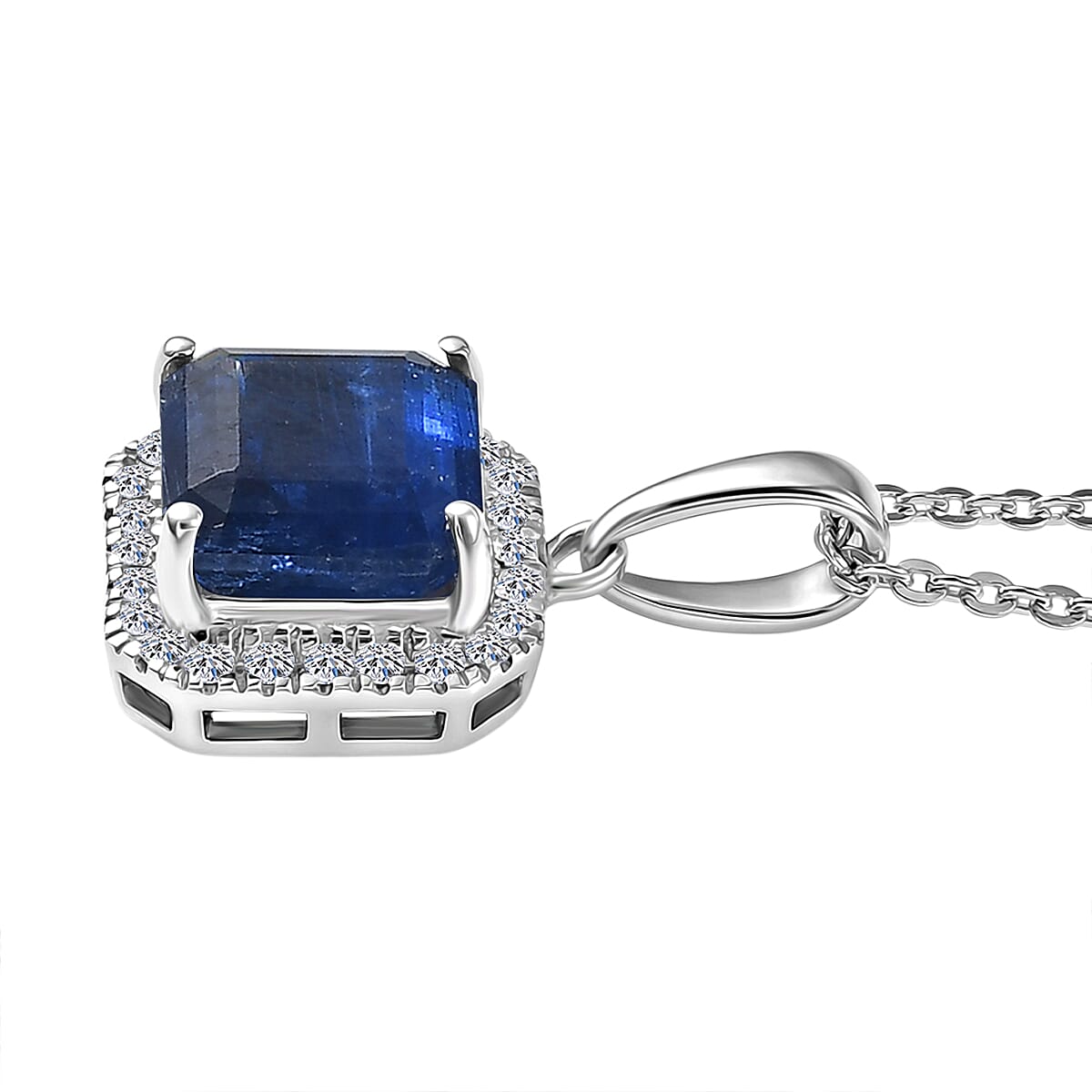 Luxuriant SI-G-H Lab Grown Diamond & Kyanite Octagon Cut Halo Pendant with Chain (Size 20) in Rhodium Overlay Sterling Silver 2.21 Ct