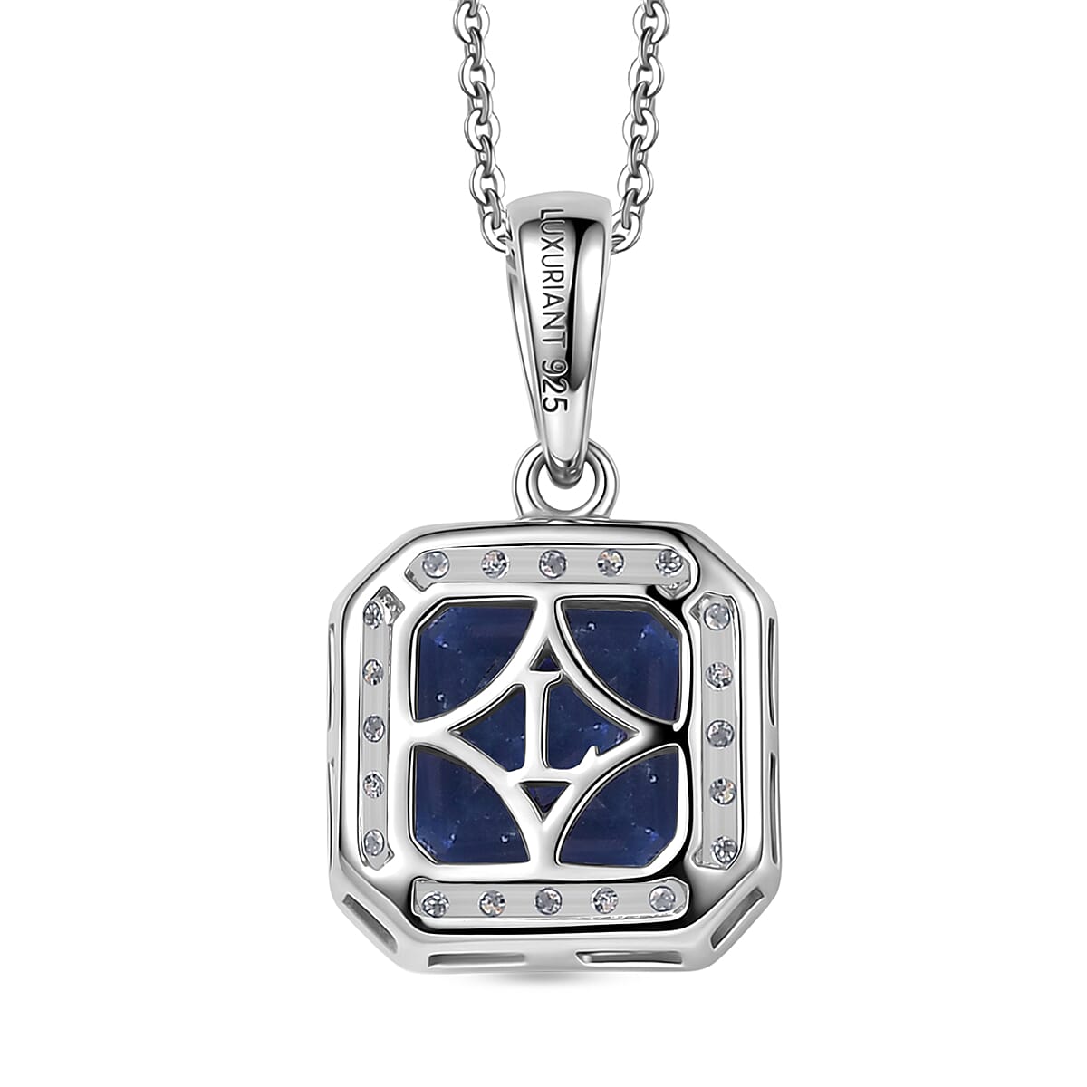 Luxuriant SI-G-H Lab Grown Diamond & Kyanite Octagon Cut Halo Pendant with Chain (Size 20) in Rhodium Overlay Sterling Silver 2.21 Ct