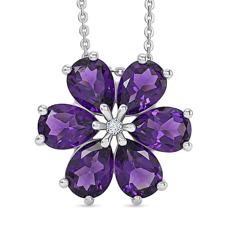 D'Joy AAA African Amethyst & White Zircon Floral Pendant with Chain (Size 20) in Platinum Overlay Sterling Silver 3.86 Ct.