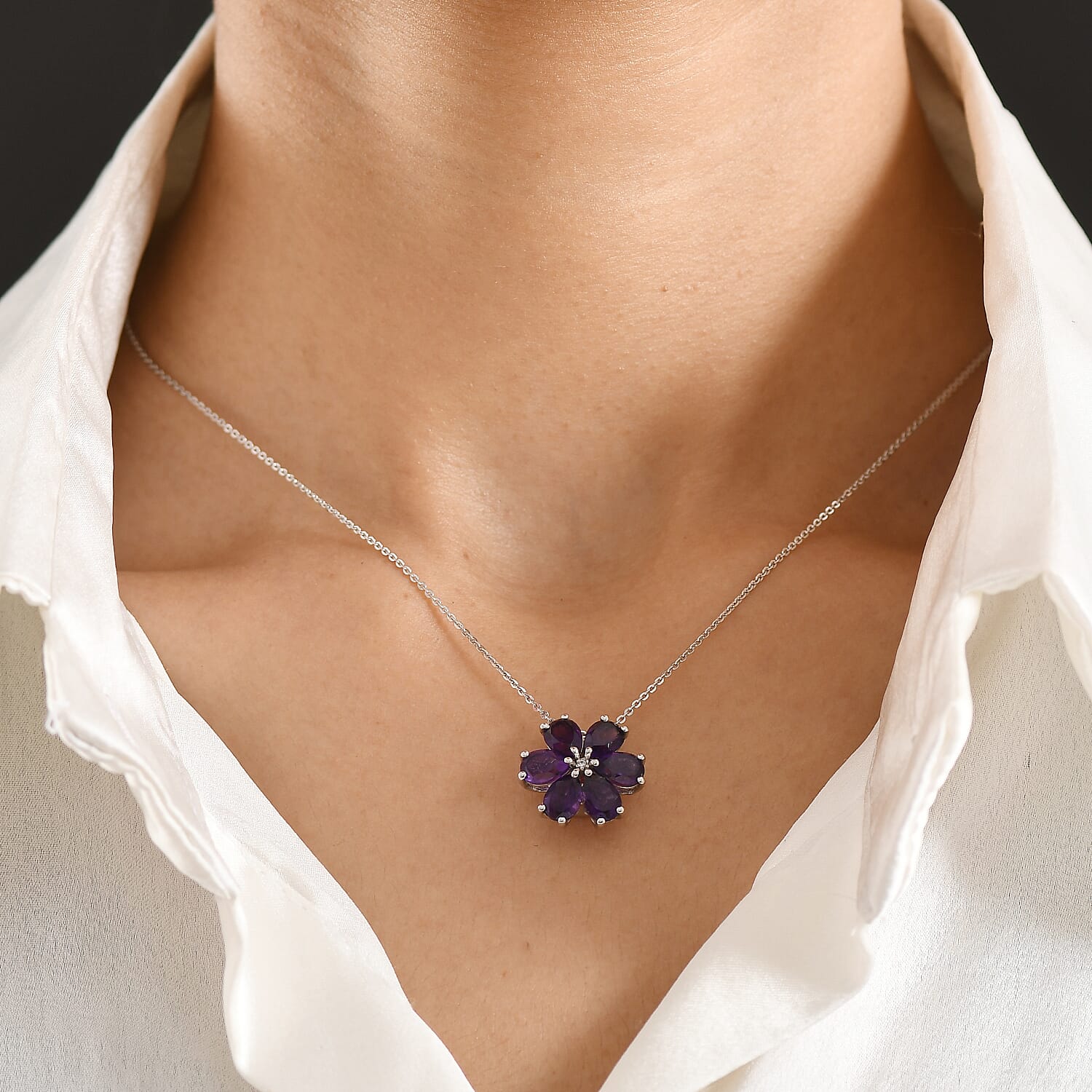 D'Joy AAA African Amethyst & White Zircon Floral Pendant with Chain (Size 20) in Platinum Overlay Sterling Silver 3.86 Ct.