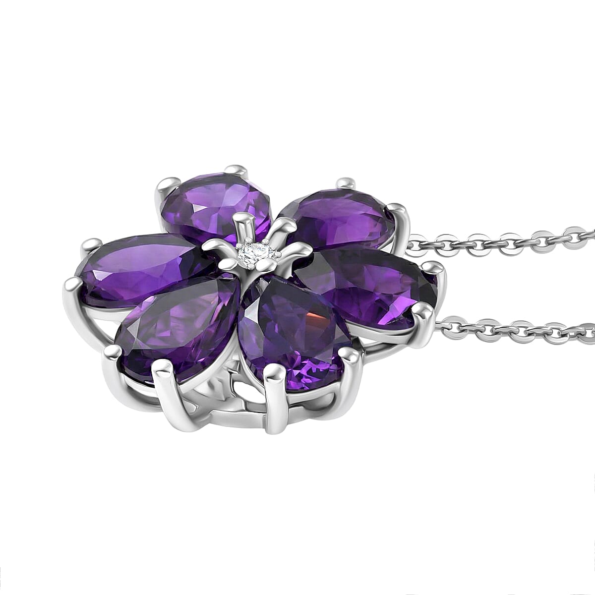 D'Joy AAA African Amethyst & White Zircon Floral Pendant with Chain (Size 20) in Platinum Overlay Sterling Silver 3.86 Ct.