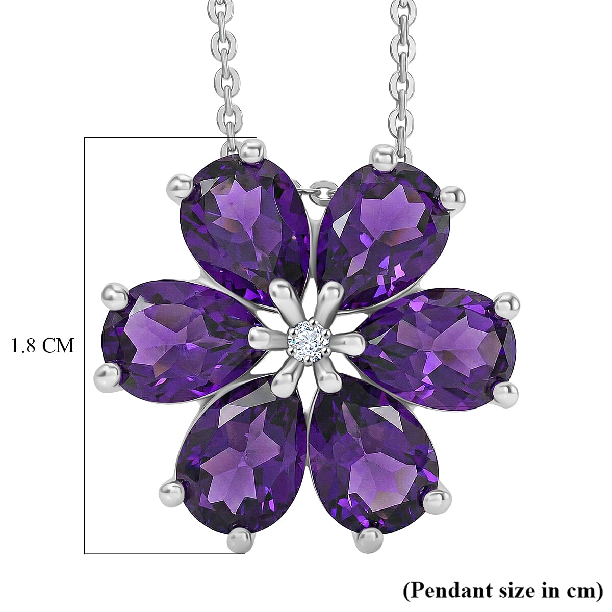 D'Joy AAA African Amethyst & White Zircon Floral Pendant with Chain (Size 20) in Platinum Overlay Sterling Silver 3.86 Ct.
