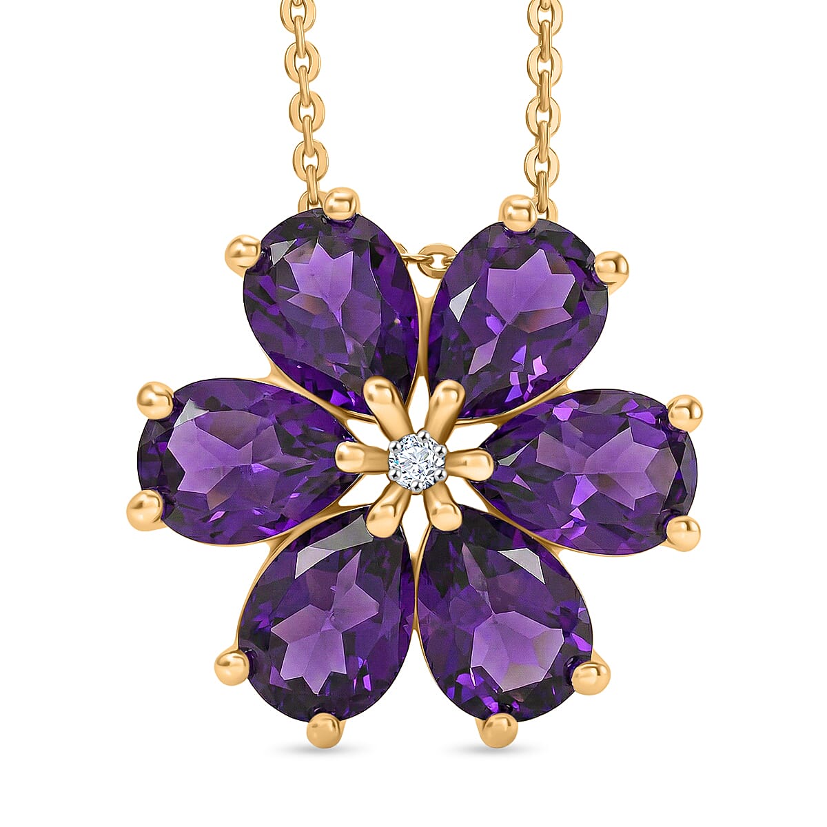 D'Joy AAA African Amethyst & White Zircon Floral Pendant with Chain (Size 20) in Yellow Gold Plated Sterling Silver 3.86 Ct.