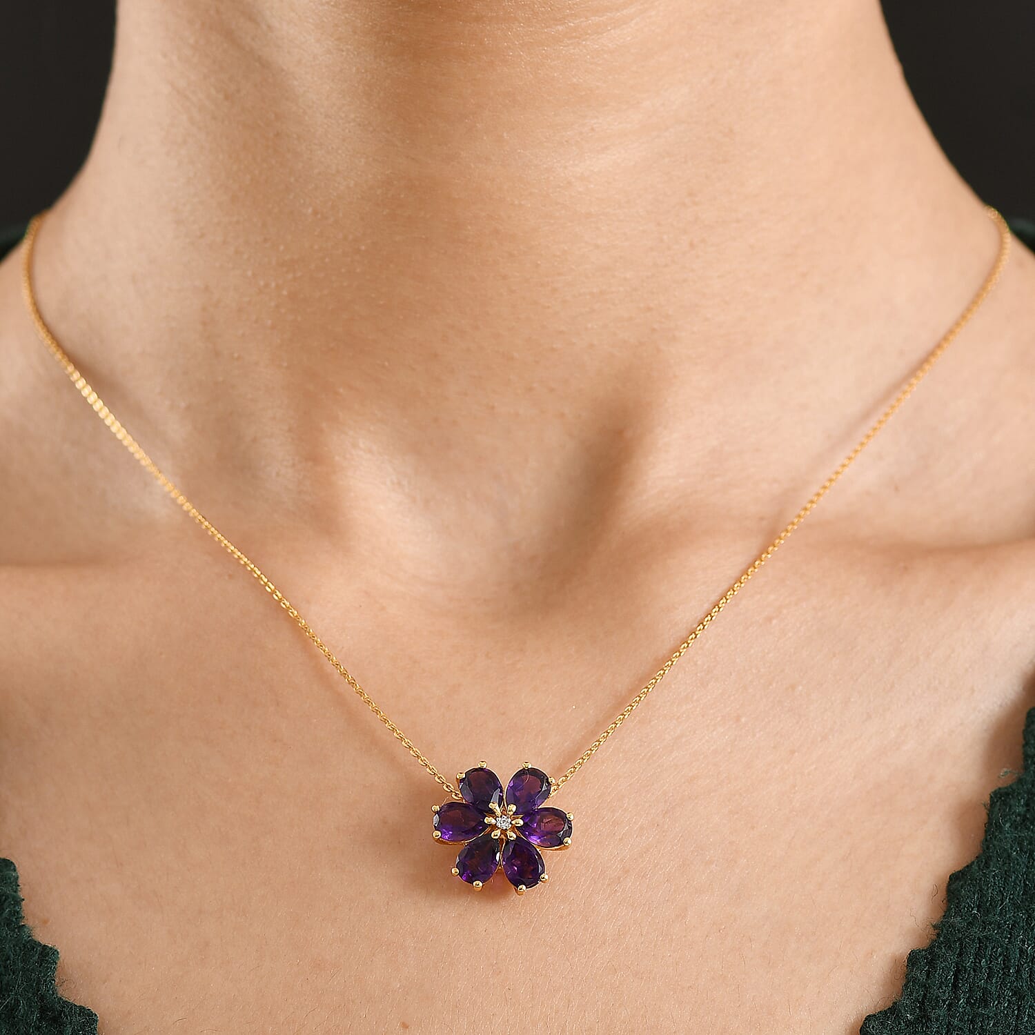D'Joy AAA African Amethyst & White Zircon Floral Pendant with Chain (Size 20) in Yellow Gold Plated Sterling Silver 3.86 Ct.
