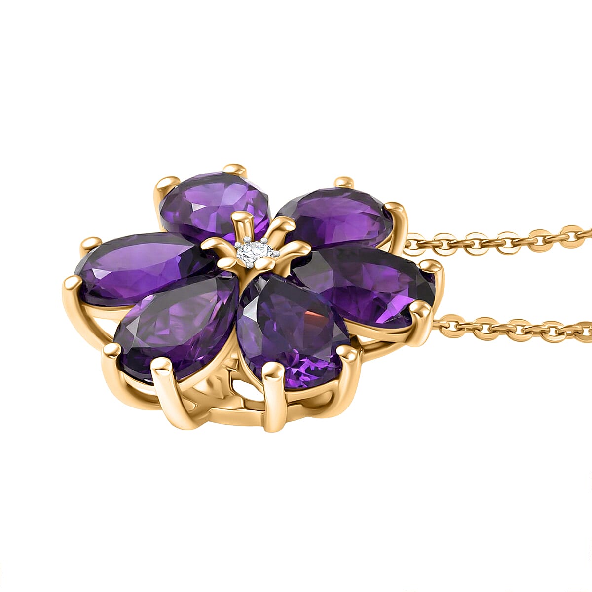 D'Joy AAA African Amethyst & White Zircon Floral Pendant with Chain (Size 20) in Yellow Gold Plated Sterling Silver 3.86 Ct.