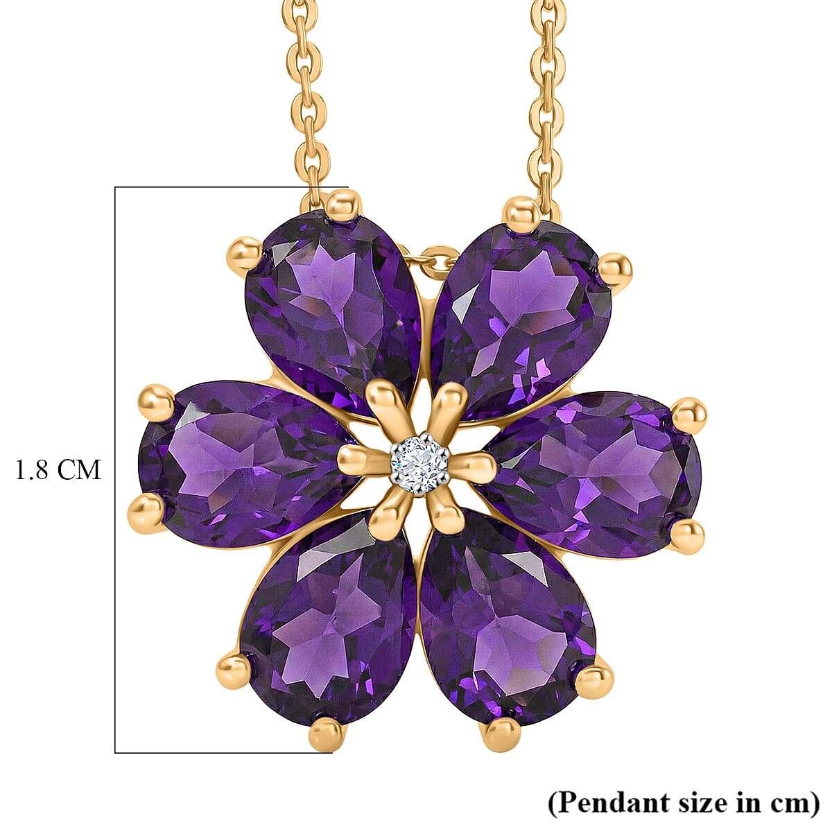 D'Joy AAA African Amethyst & White Zircon Floral Pendant with Chain (Size 20) in Yellow Gold Plated Sterling Silver 3.86 Ct.