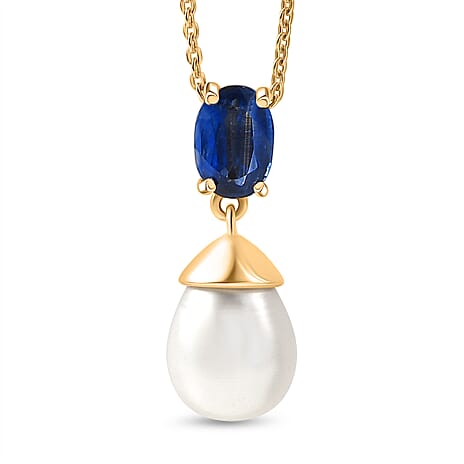 D'Joy AAA Natural Kashmir kyanite & Fresh Water Pearl Drop Pendant with Chain (Size 20) in Yellow Gold Plated Sterling Silver 1.093 Ct.