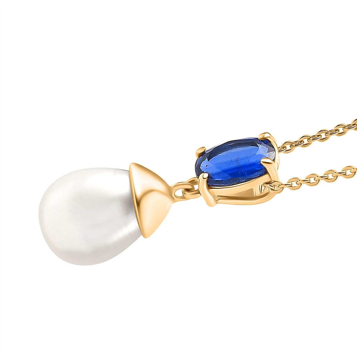 D'Joy AAA Natural Kashmir kyanite & Fresh Water Pearl Drop Pendant with Chain (Size 20) in Yellow Gold Plated Sterling Silver 1.093 Ct.