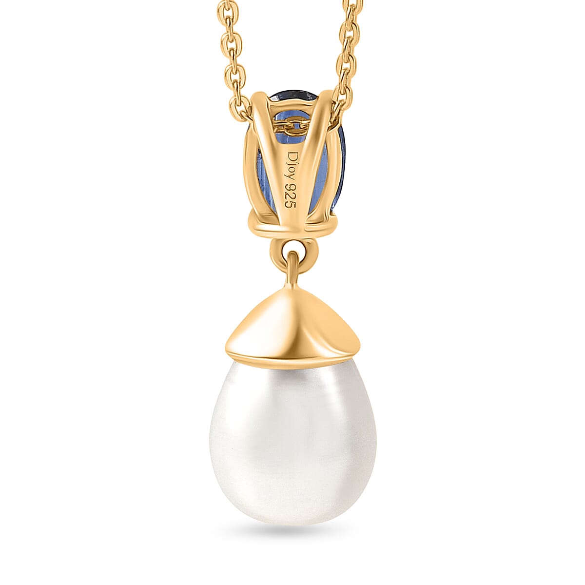 D'Joy AAA Natural Kashmir kyanite & Fresh Water Pearl Drop Pendant with Chain (Size 20) in Yellow Gold Plated Sterling Silver 1.093 Ct.