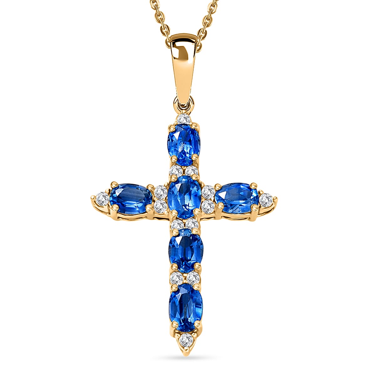 D'Joy AAA Natural Kashmir Kyanite & White Zircon Cross Pendant with Chain (Size 20) in Yellow Gold Plated Sterling Silver 1.73 Ct.