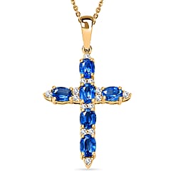 D'Joy AAA Natural Kashmir Kyanite & White Zircon Cross Pendant with Chain (Size 20) in Platinum Overlay Sterling Silver 1.72 Ct.