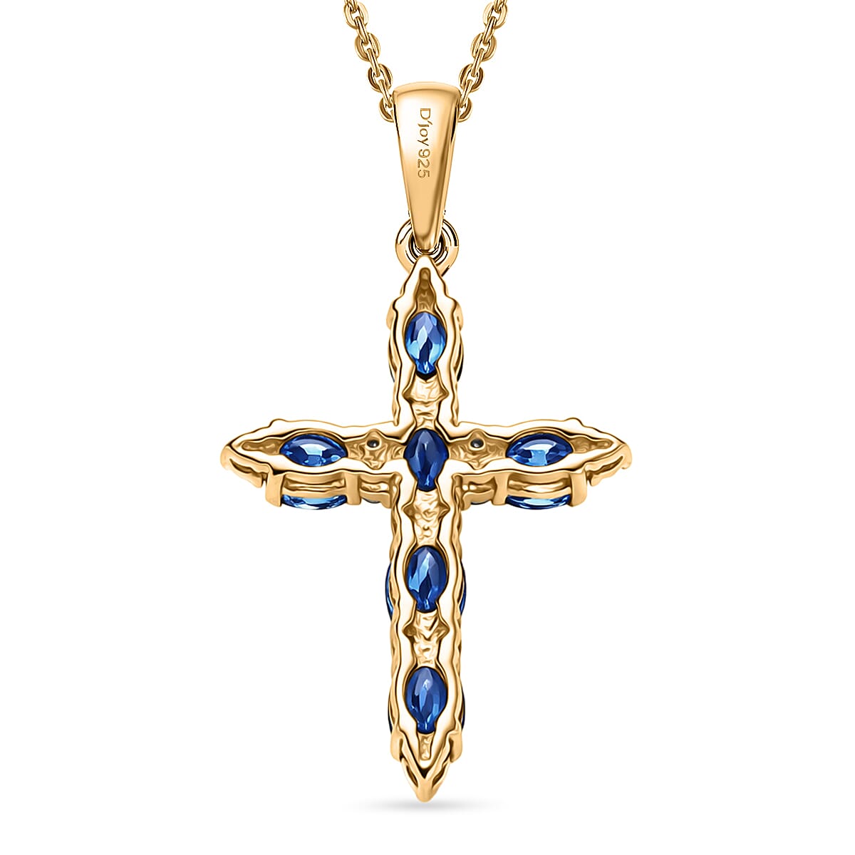 D'Joy AAA Natural Kashmir Kyanite & White Zircon Cross Pendant with Chain (Size 20) in Yellow Gold Plated Sterling Silver 1.73 Ct.