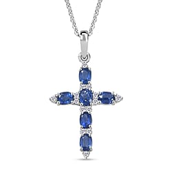 D'Joy AAA Natural Kashmir Kyanite & White Zircon Cross Pendant with Chain (Size 20) in Platinum Overlay Sterling Silver 1.72 Ct.