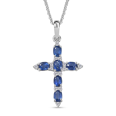 D'Joy AAA Natural Kashmir Kyanite & White Zircon Cross Pendant with Chain (Size 20) in Platinum Overlay Sterling Silver 1.72 Ct.