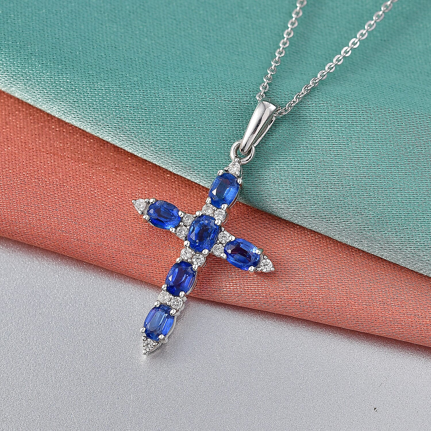 D'Joy AAA Natural Kashmir Kyanite & White Zircon Cross Pendant with Chain (Size 20) in Platinum Overlay Sterling Silver 1.72 Ct.