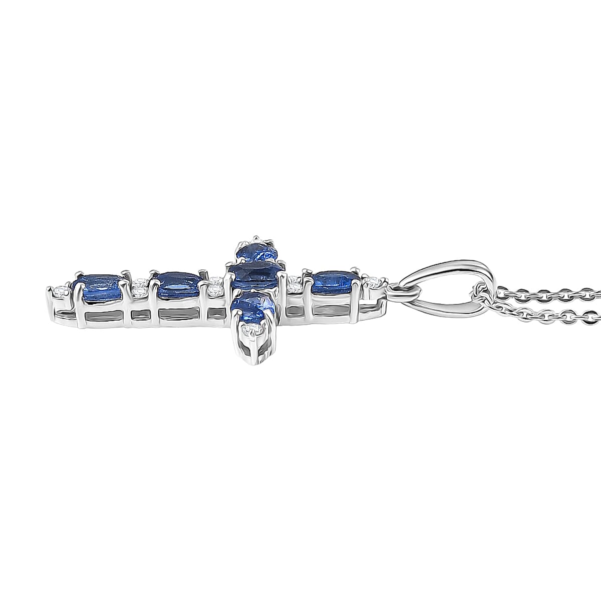 D'Joy AAA Natural Kashmir Kyanite & White Zircon Cross Pendant with Chain (Size 20) in Platinum Overlay Sterling Silver 1.72 Ct.