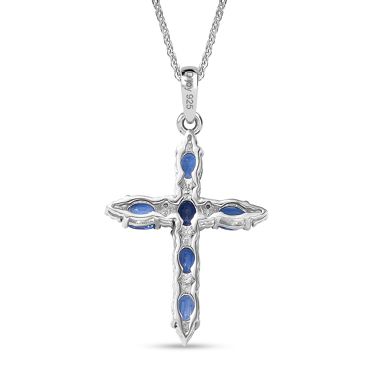 D'Joy AAA Natural Kashmir Kyanite & White Zircon Cross Pendant with Chain (Size 20) in Platinum Overlay Sterling Silver 1.72 Ct.
