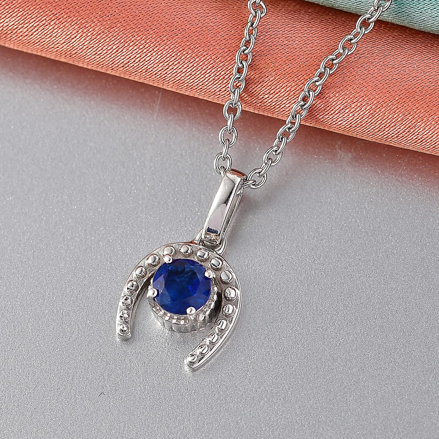 D'Joy AAA Natural Kashmir Kyanite Horseshoe Pendant with Chain (Size 20) in Platinum Overlay Sterling Silver