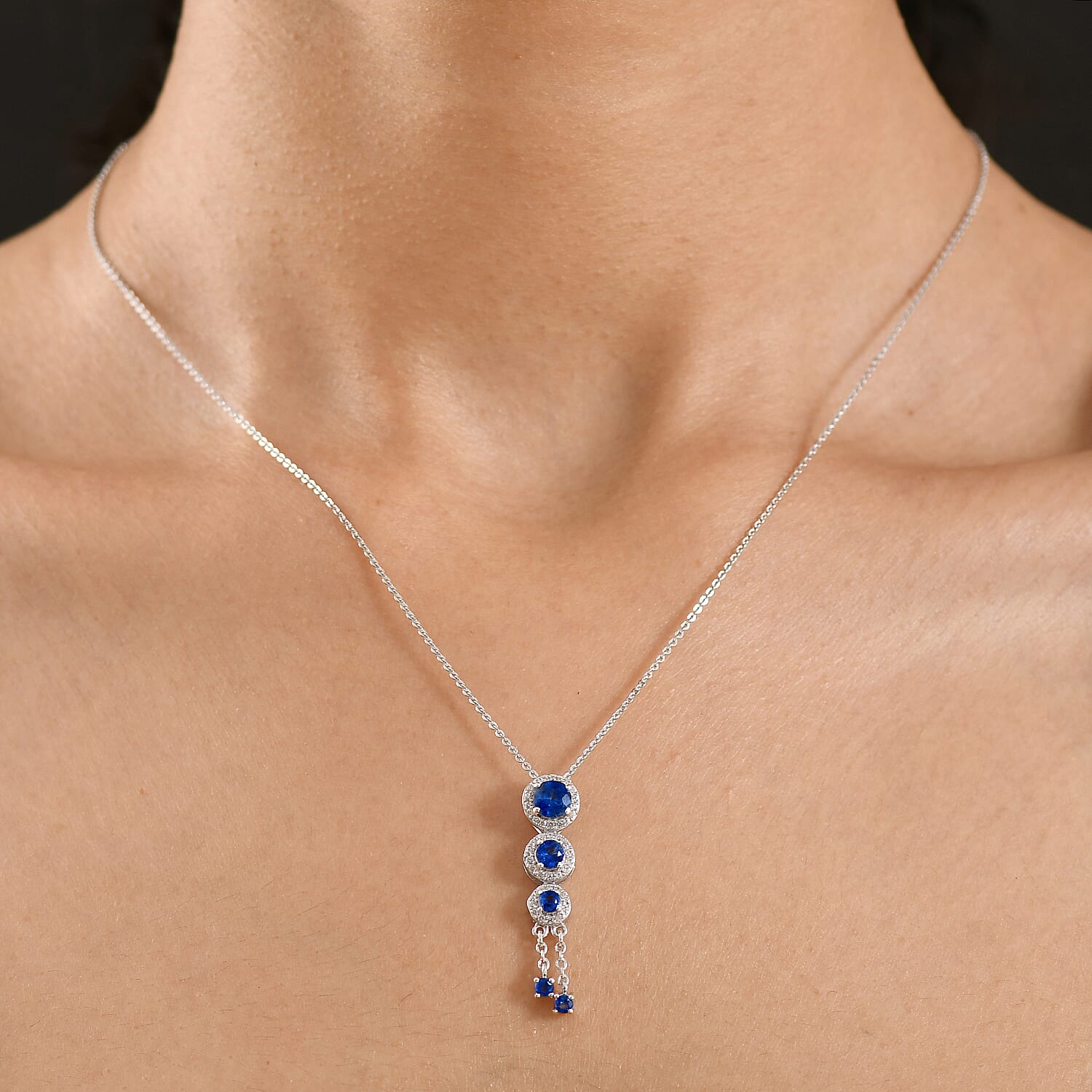 D'Joy AAA Natural Kashmir Kyanite & White Zircon Graduated Drop Pendant with Chain (Size 20) in Rhodium Overlay Sterling Silver 1.80 Ct.
