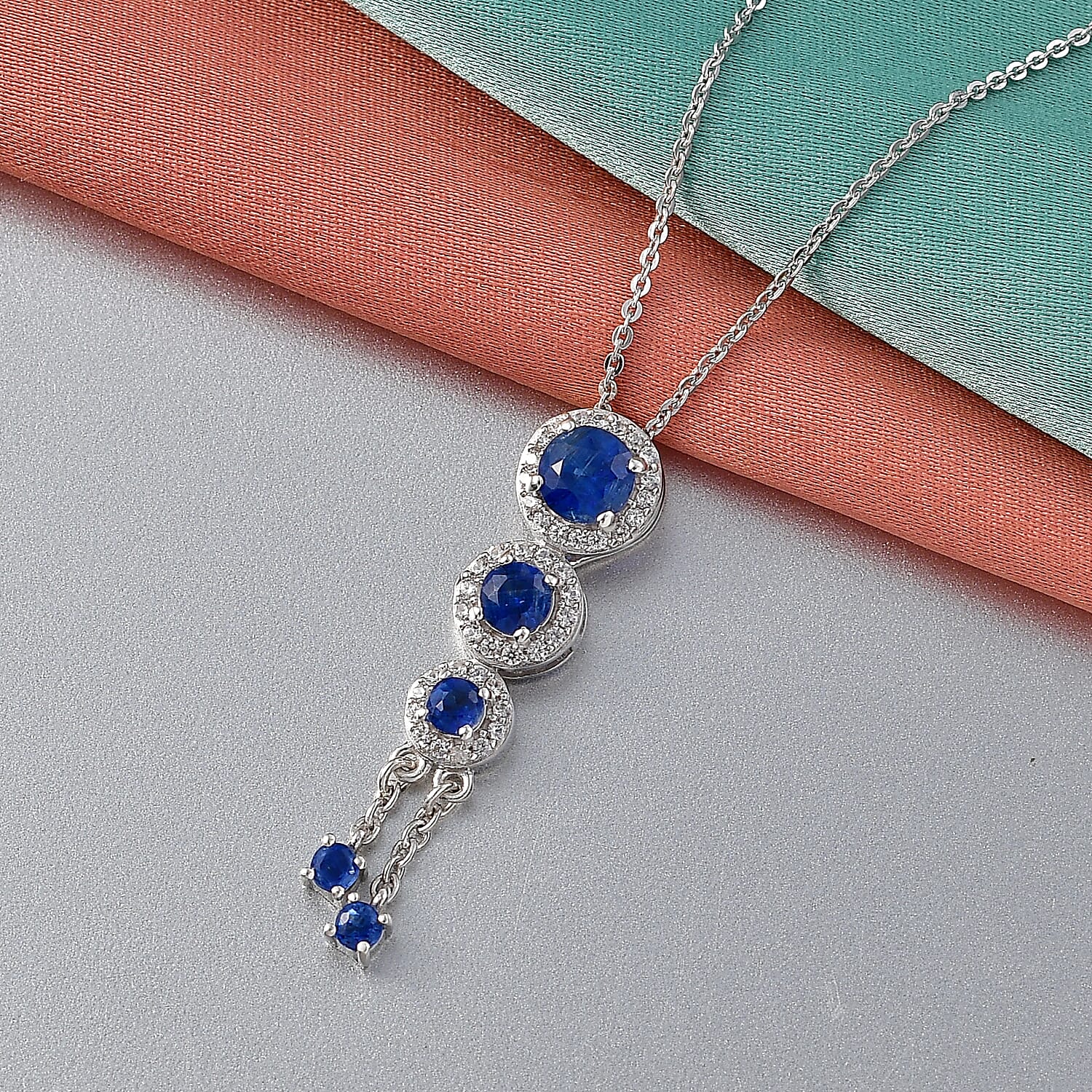 D'Joy AAA Natural Kashmir Kyanite & White Zircon Graduated Drop Pendant with Chain (Size 20) in Rhodium Overlay Sterling Silver 1.80 Ct.