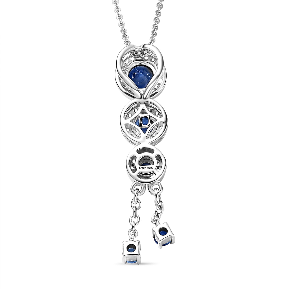 D'Joy AAA Natural Kashmir Kyanite & White Zircon Graduated Drop Pendant with Chain (Size 20) in Rhodium Overlay Sterling Silver 1.80 Ct.