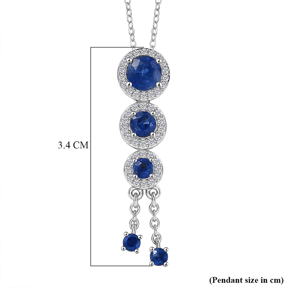 D'Joy AAA Natural Kashmir Kyanite & White Zircon Graduated Drop Pendant with Chain (Size 20) in Rhodium Overlay Sterling Silver 1.80 Ct.
