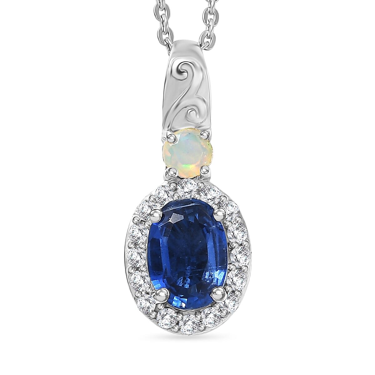 D'Joy AAA Natural Kashmir Kyanite, White Zircon & Ethiopian Opal Halo Pendant with Chain (Size 20) in Platinum Overlay Sterling Silver 1.26 Ct.