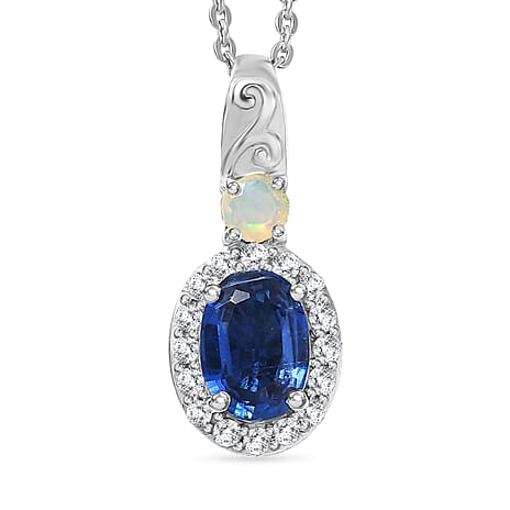 D'Joy AAA Natural Kashmir Kyanite, White Zircon & Ethiopian Opal Halo Pendant with Chain (Size 20) in Platinum Overlay Sterling Silver 1.26 Ct.