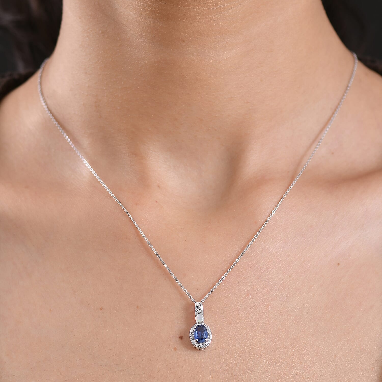 D'Joy AAA Natural Kashmir Kyanite, White Zircon & Ethiopian Opal Halo Pendant with Chain (Size 20) in Platinum Overlay Sterling Silver 1.26 Ct.