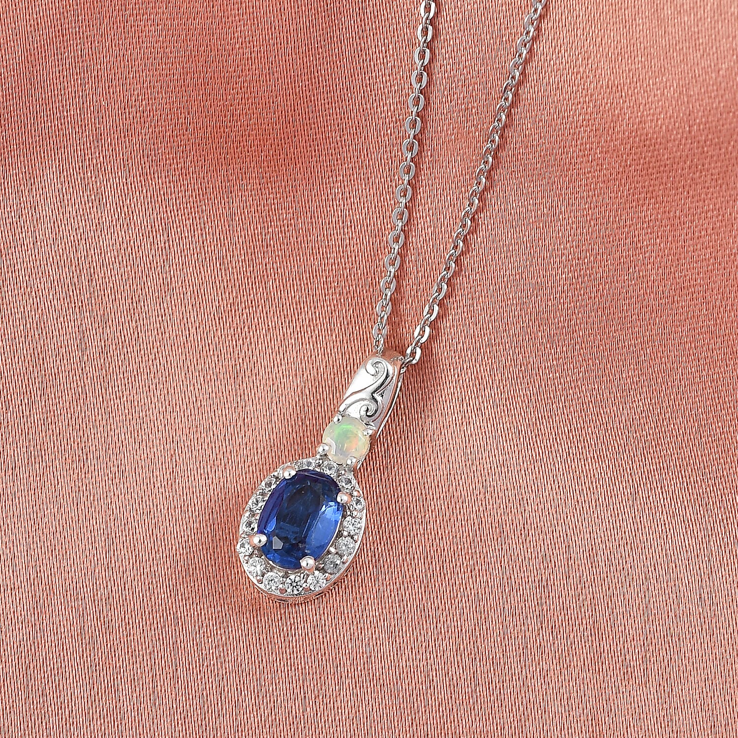 D'Joy AAA Natural Kashmir Kyanite, White Zircon & Ethiopian Opal Halo Pendant with Chain (Size 20) in Platinum Overlay Sterling Silver 1.26 Ct.