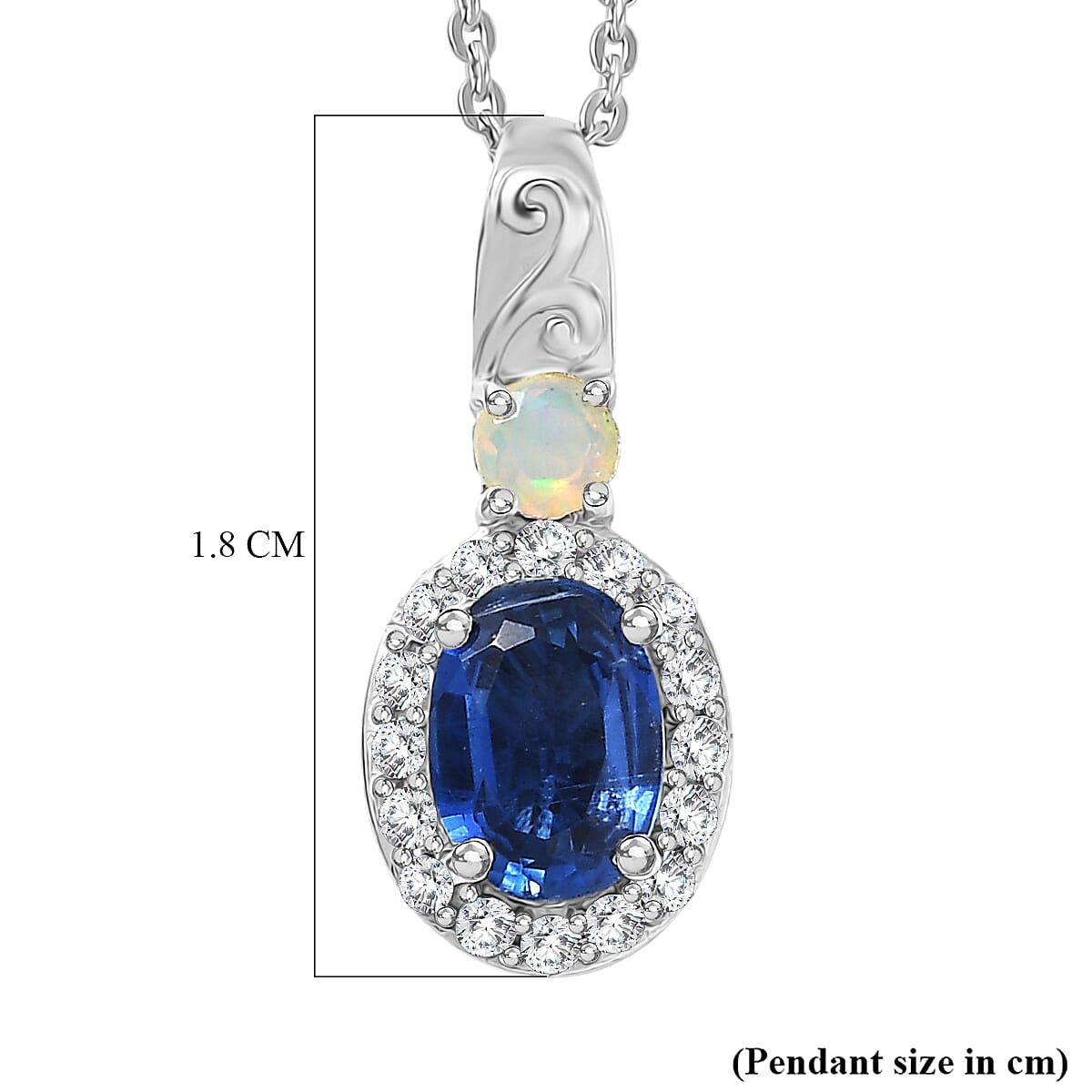 D'Joy AAA Natural Kashmir Kyanite, White Zircon & Ethiopian Opal Halo Pendant with Chain (Size 20) in Platinum Overlay Sterling Silver 1.26 Ct.