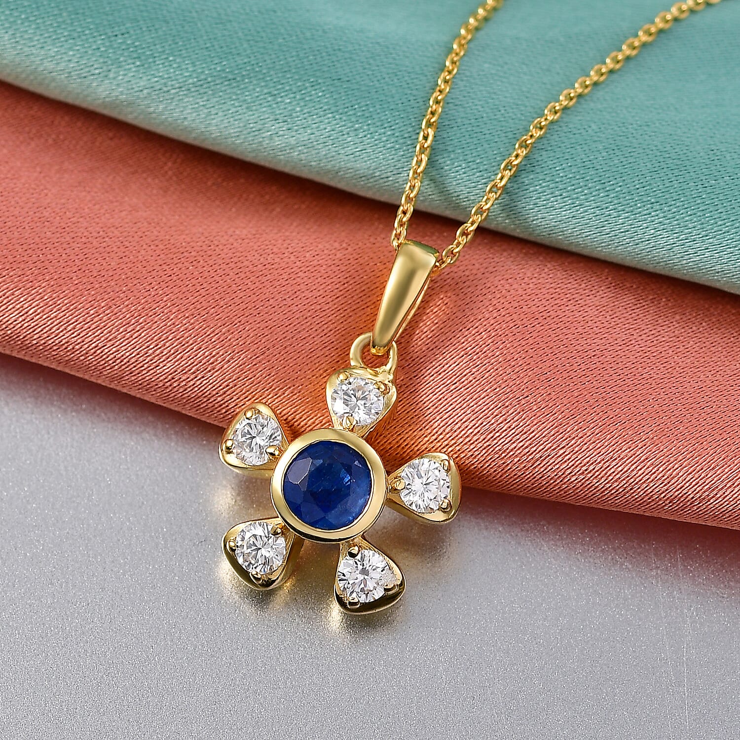 D'Joy AAA Natural Kashmir Kyanite & Moissanite Floral Halo Pendant with Chain (Size 20) in Yellow Gold Plated Sterling Silver 1.20 Ct.
