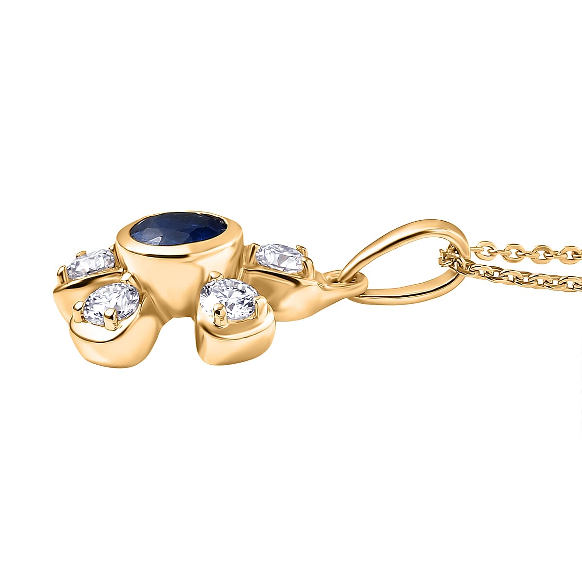 D'Joy AAA Natural Kashmir Kyanite & Moissanite Floral Halo Pendant with Chain (Size 20) in Yellow Gold Plated Sterling Silver 1.20 Ct.