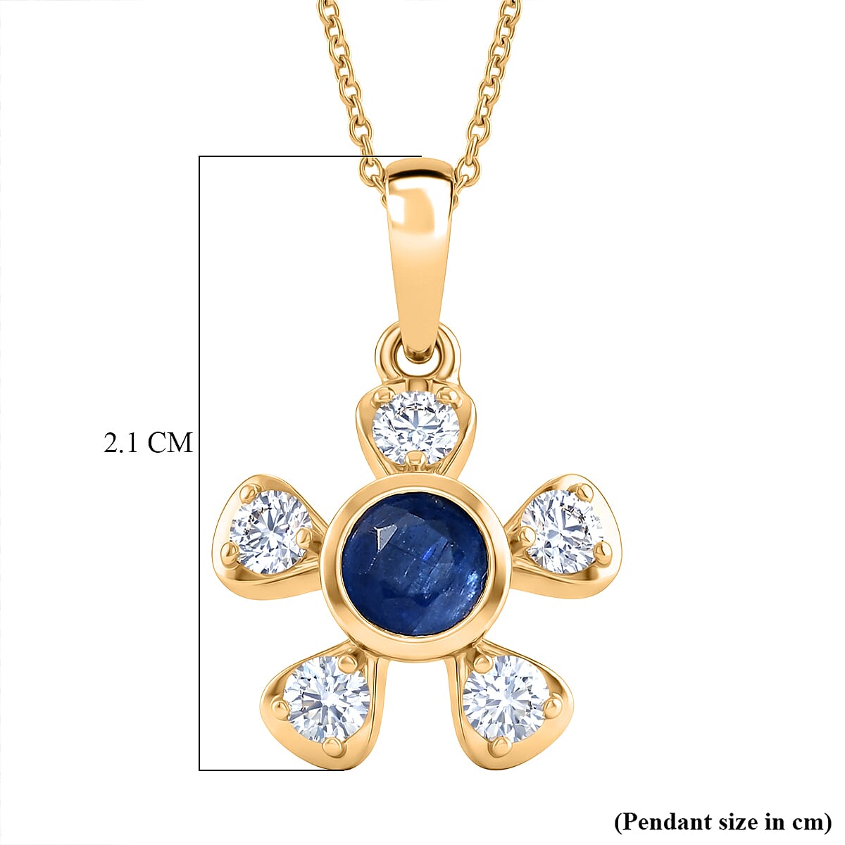 D'Joy AAA Natural Kashmir Kyanite & Moissanite Floral Halo Pendant with Chain (Size 20) in Yellow Gold Plated Sterling Silver 1.20 Ct.