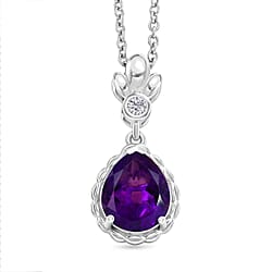 D'Joy AAA African Amethyst & White Zircon Pendant with Chain (Size 20) in White Tone 3.20 Ct.