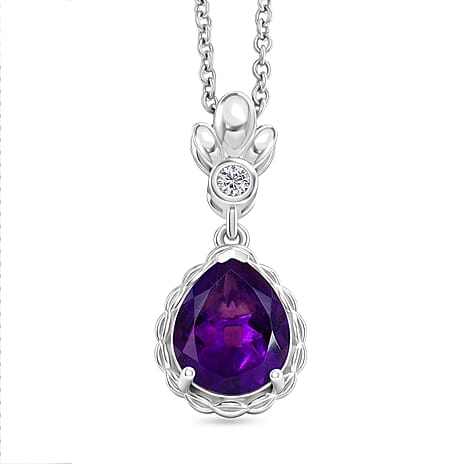 D'Joy AAA African Amethyst & White Zircon Pendant with Chain (Size 20) in White Tone 3.20 Ct.