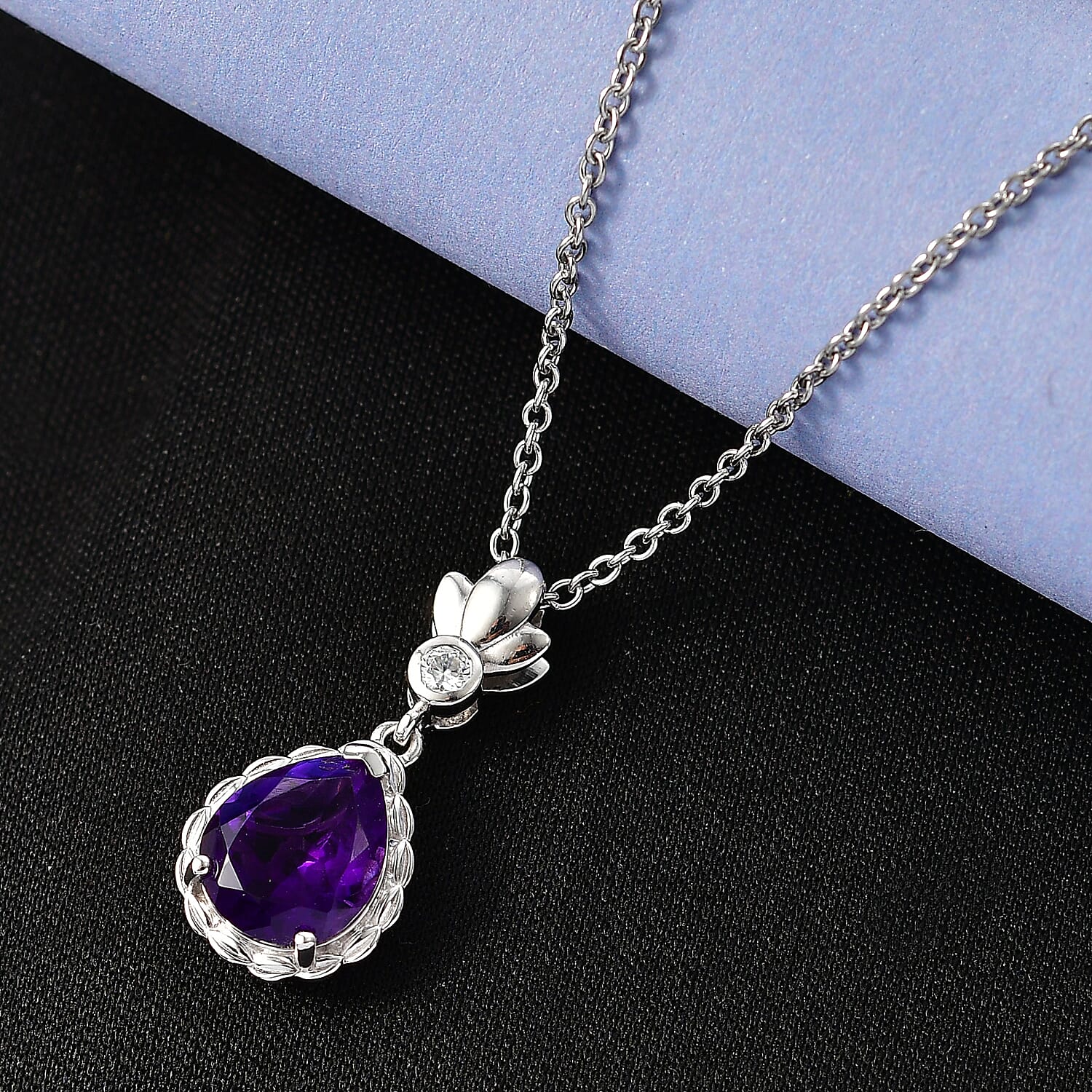 D'Joy AAA African Amethyst & White Zircon Pendant with Chain (Size 20) in White Tone 3.20 Ct.