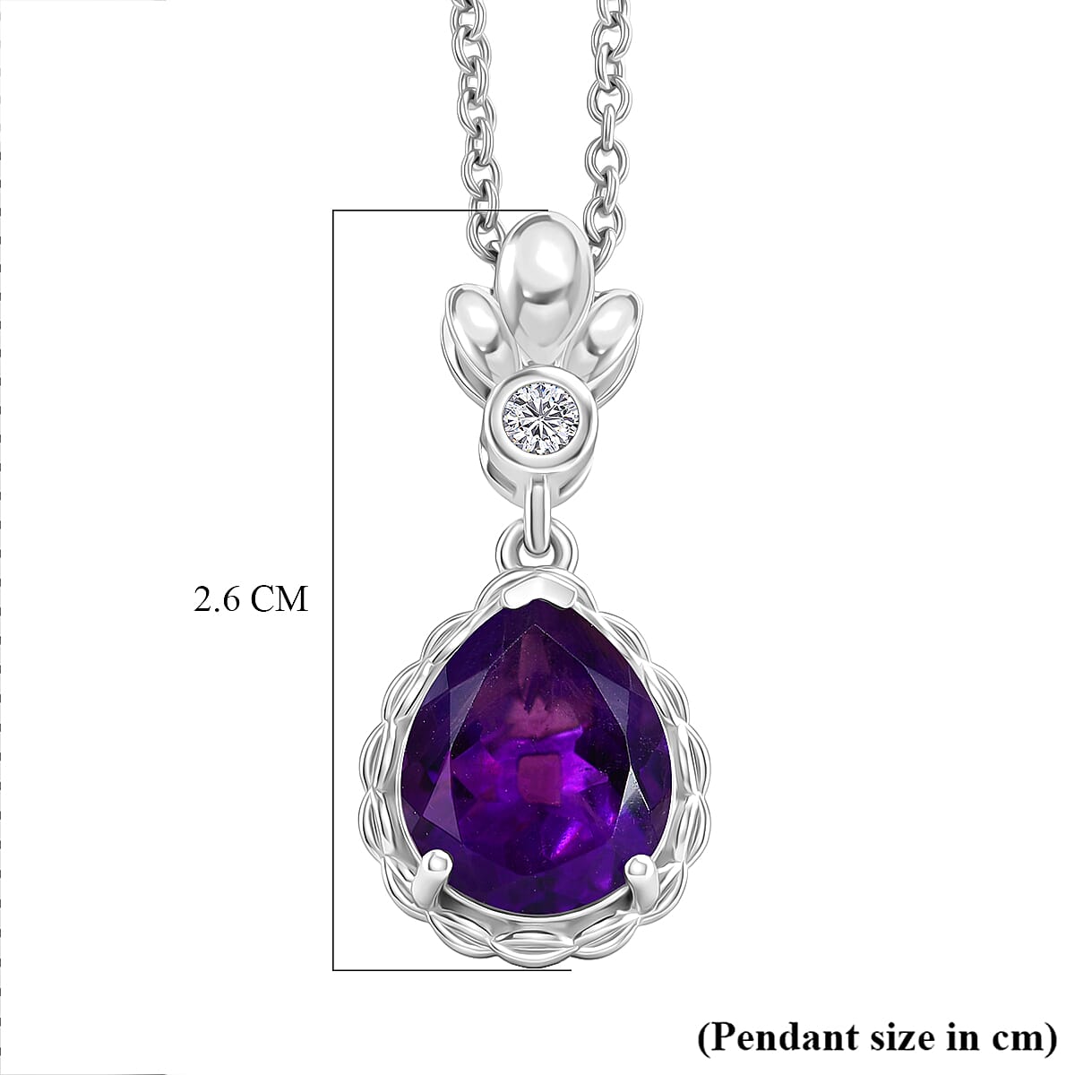 D'Joy AAA African Amethyst & White Zircon Pendant with Chain (Size 20) in White Tone 3.20 Ct.