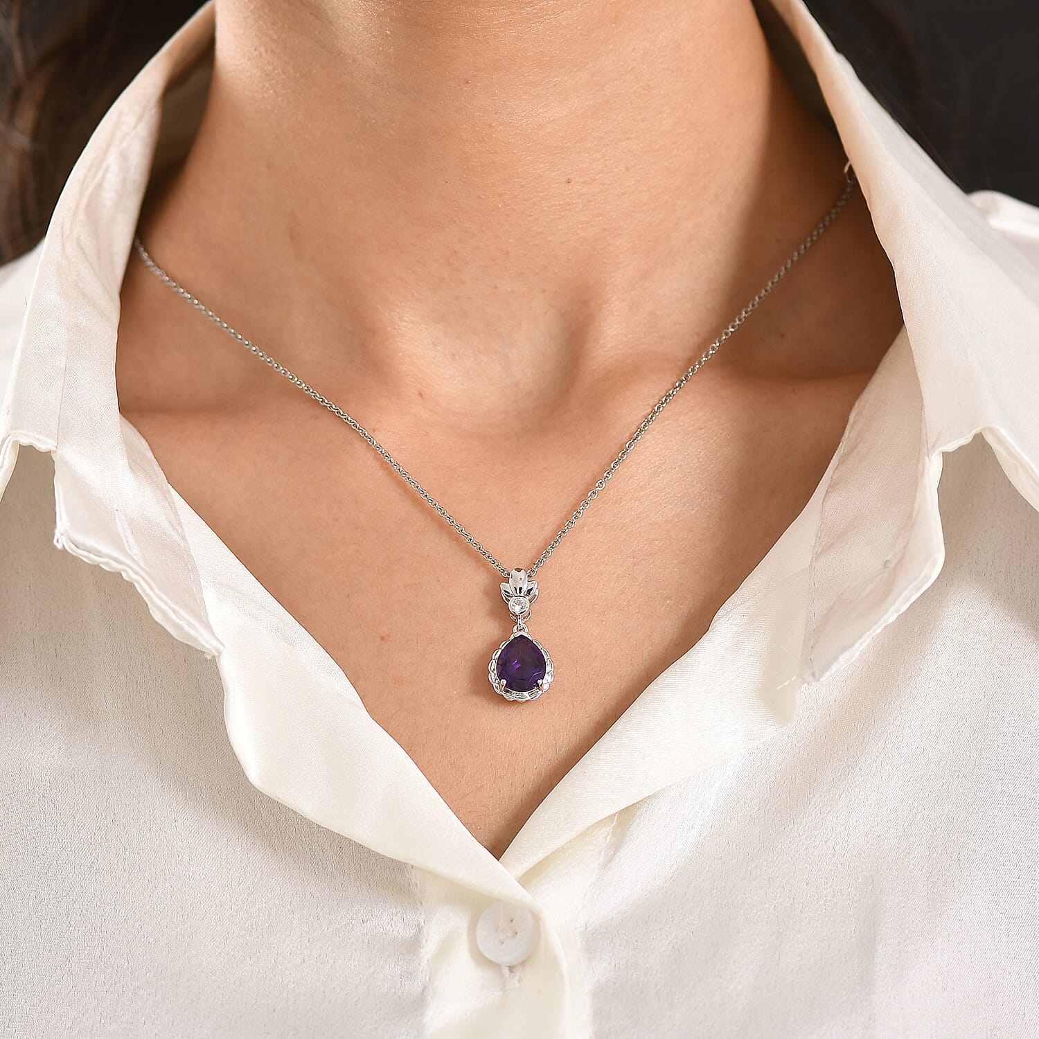 D'Joy AAA African Amethyst & White Zircon Pendant with Chain (Size 20) in White Tone 3.20 Ct.