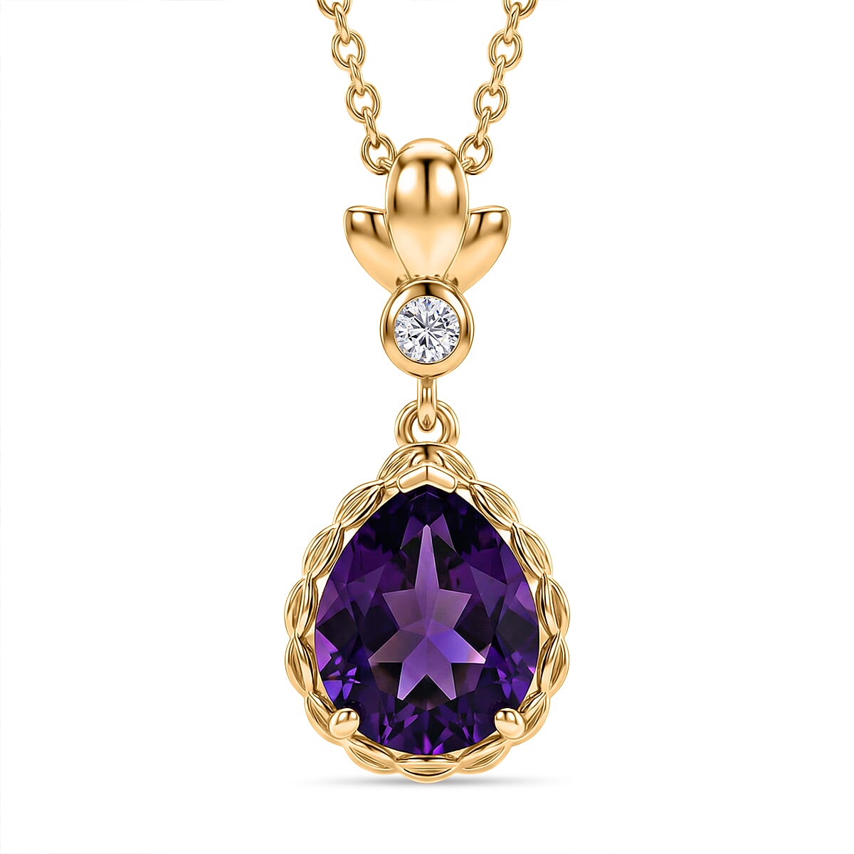 D'Joy AAA African Amethyst & White Zircon Pendant with Chain (Size 20) in Yellow Gold Tone 2.94 Ct.