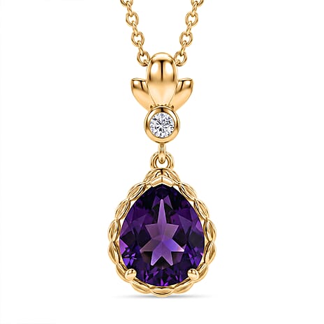 D'Joy AAA African Amethyst & White Zircon Pendant with Chain (Size 20) in Yellow Gold Tone 2.94 Ct.