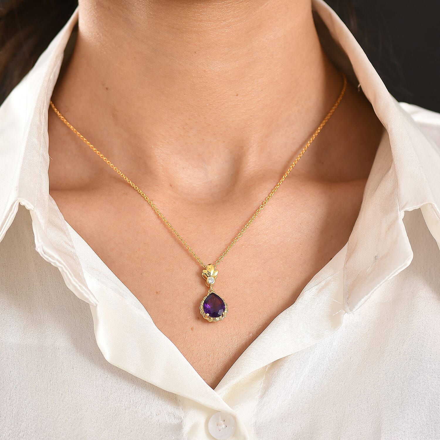 D'Joy AAA African Amethyst & White Zircon Pendant with Chain (Size 20) in Yellow Gold Tone 2.94 Ct.