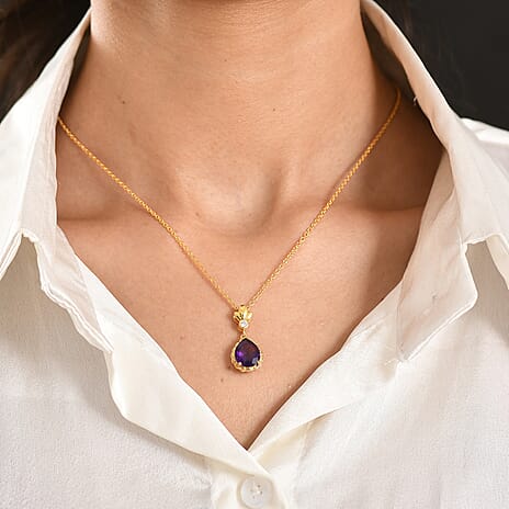 D'Joy AAA African Amethyst & White Zircon Pendant with Chain (Size 20) in Yellow Gold Tone 2.94 Ct.