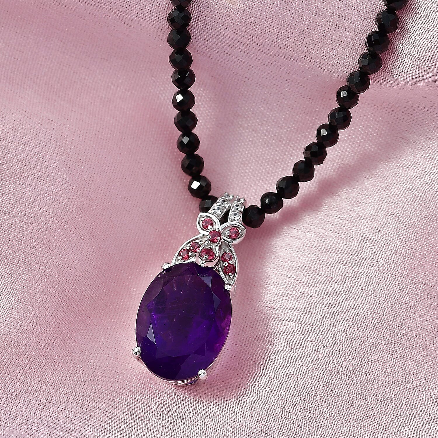 D'Joy AAA African Amethyst Black Spinel, Rhodolite Garnet & White Zircon Pendant with Beads Chain (Size 20) in Rhodium Overlay Sterling Silver 49.76 Ct.