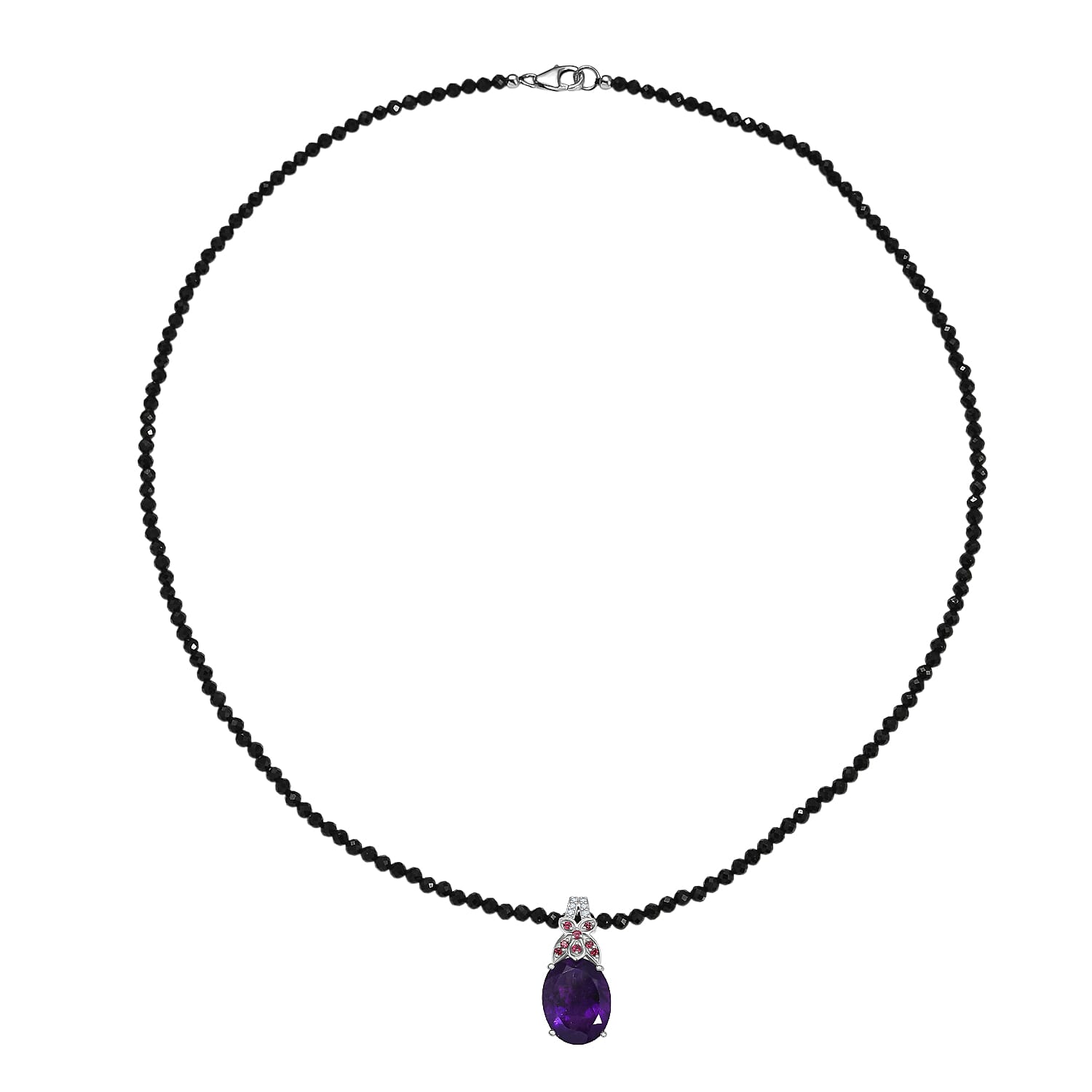 D'Joy AAA African Amethyst Black Spinel, Rhodolite Garnet & White Zircon Pendant with Beads Chain (Size 20) in Rhodium Overlay Sterling Silver 49.76 Ct.