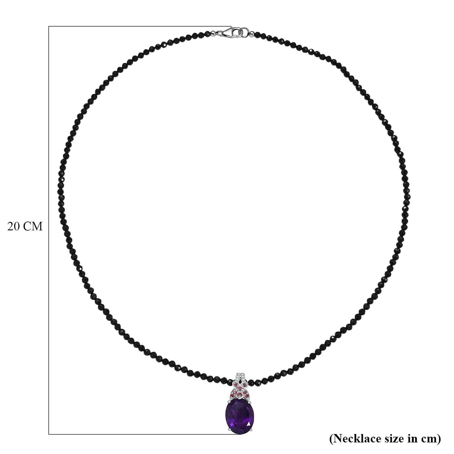 D'Joy AAA African Amethyst Black Spinel, Rhodolite Garnet & White Zircon Pendant with Beads Chain (Size 20) in Rhodium Overlay Sterling Silver 49.76 Ct.