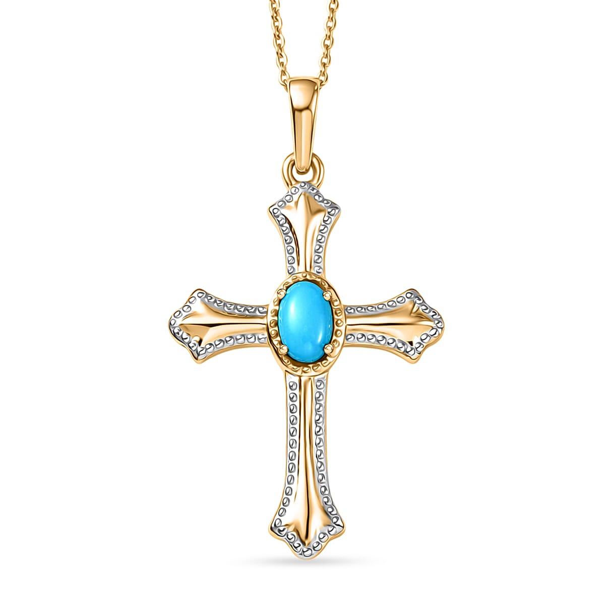 D'Joy Sleeping Beauty Turquoise Cross Pendant with Chain (Size 20) in Yellow Gold Plated & Platinum Overlay Sterling Silver