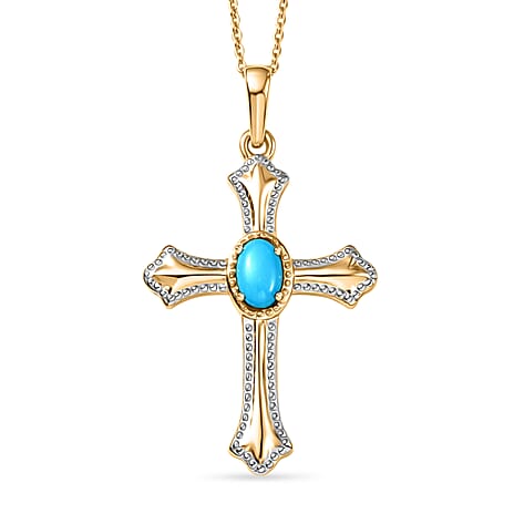 D'Joy Sleeping Beauty Turquoise Cross Pendant with Chain (Size 20) in Yellow Gold Plated & Platinum Overlay Sterling Silver