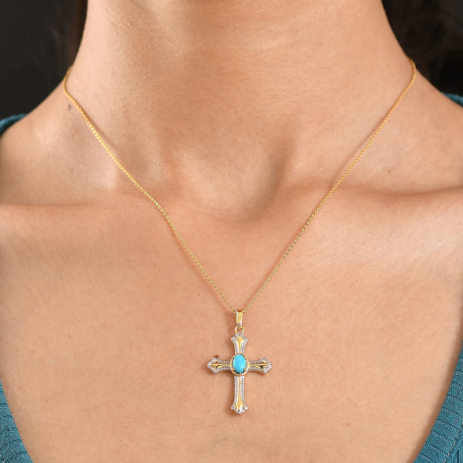 D'Joy Sleeping Beauty Turquoise Cross Pendant with Chain (Size 20) in Yellow Gold Plated & Platinum Overlay Sterling Silver
