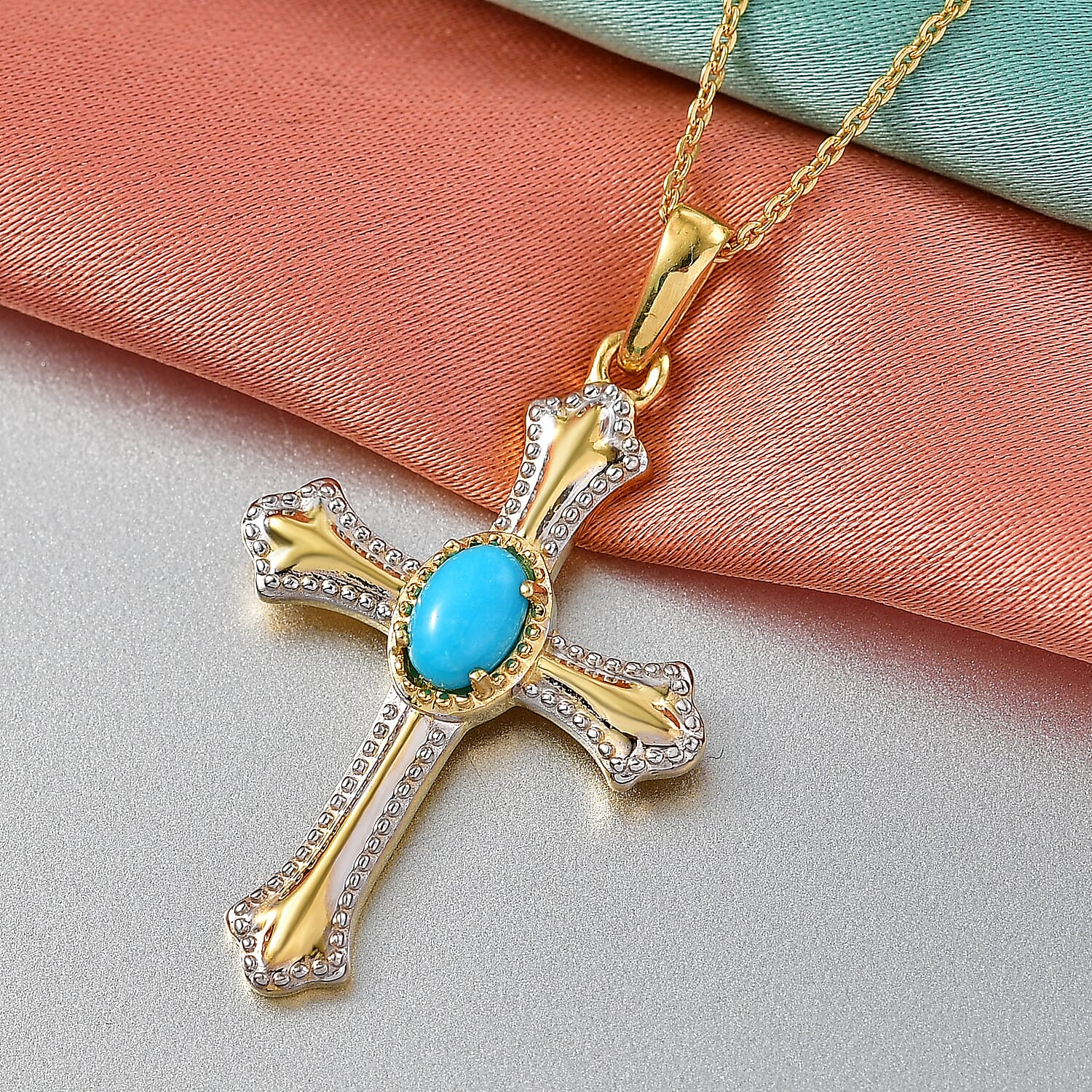 D'Joy Sleeping Beauty Turquoise Cross Pendant with Chain (Size 20) in Yellow Gold Plated & Platinum Overlay Sterling Silver